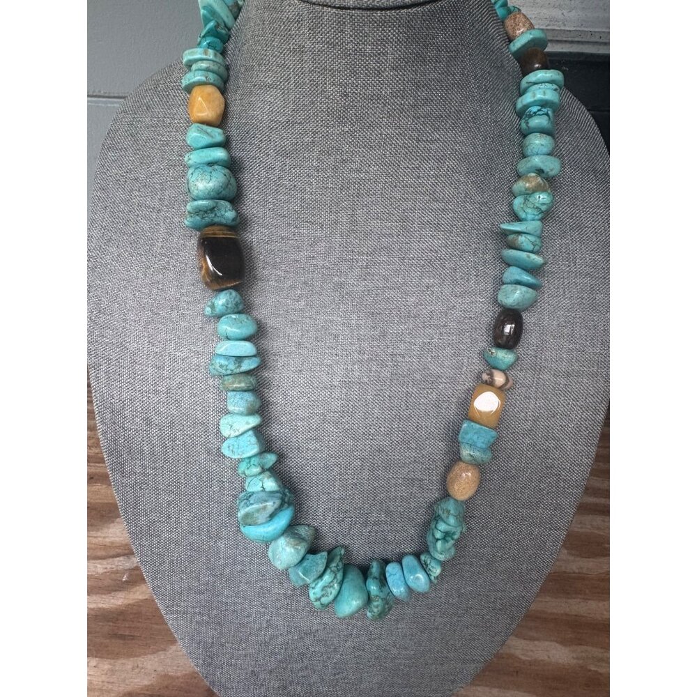 Sterling Kingman Turquoise Tigers Eye Jasper Beaded Necklace